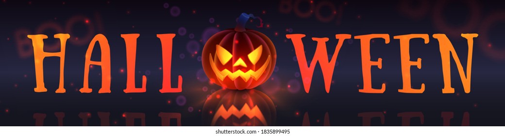 Happy Halloween poster, banner  with luminous, luminescent orange pmpkin with soft touch feeling with spooky smile, face  and letters. Dark background. Vector illustration. 