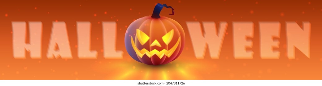 Happy Halloween poster, banner  with luminous, luminescent orange pumpkin with soft touch feeling with spooky smile, face  and letters. Orange background. Vector illustration. 