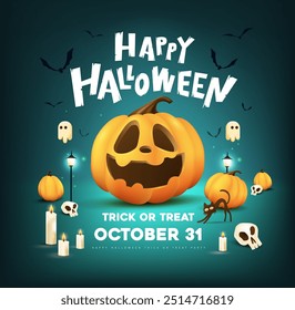 Happy Halloween poster banner night scene with halloween pumpkin smiley face and festive decoration for Trick or Treat Celebrations, Holiday Parties.