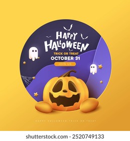 Escena feliz de la noche del Anuncio del cartel de Halloween con la cara sonriente de la calabaza de Halloween y la decoración festiva para las celebraciones del truco o trato, fiestas de Festiva.