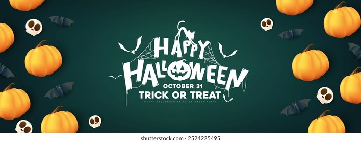 Escena feliz de la noche del Anuncio del cartel de Halloween con la cara sonriente de la calabaza de Halloween y la decoración festiva para las celebraciones del truco o trato, fiestas de Festiva.