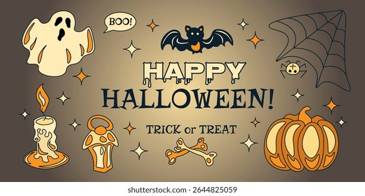 Happy Halloween poster, banner for October event, brown background and  ghost, flying black bat, candle, pumpkin, lantern, web, spider, bones. Trick or treat. Vector illustration.