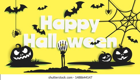 Happy Halloween poster banner template, vector illustration in paper art style. Black scary pumpkins, flying bats, spider, spiderweb silhouettes on yellow background.