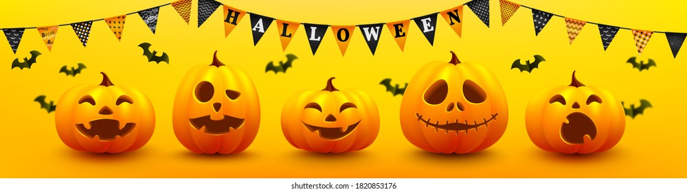 Happy Halloween poster and banner template with cute halloween pumpkin, bats and buntings on yellow background. Website spooky,Background or banner Halloween template.Vector illustration EPS10