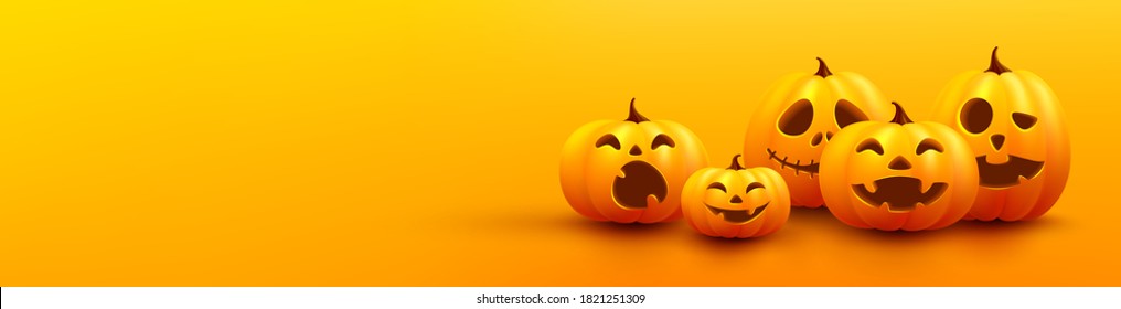 Happy Halloween poster and banner template with cute halloween pumpkin on yellow background. Website spooky,Background or banner Halloween template.Vector illustration EPS10