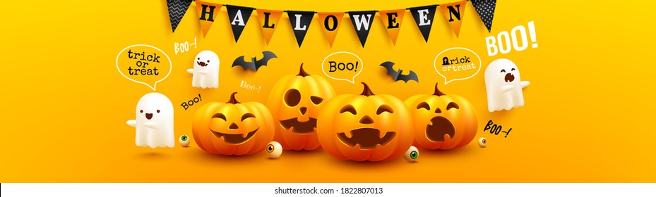 Happy Halloween poster and banner template with cute halloween pumpkin, Scary white ghosts, bats and buntings on yellow background. Website spooky,Background or banner Halloween template.