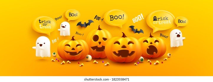 Feliz afiche de Halloween y planilla de pancartas con calabaza linda de halloween, fantasmas blancos asustados y murciélagos con fondo amarillo. Plantilla de Halloween con miedo, fondo o banner en el sitio web.