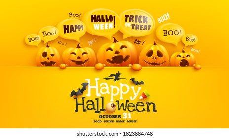 Happy Halloween poster and banner template with cute halloween pumpkin and yellow bubble message on top. Website spooky,Background or banner Halloween template.