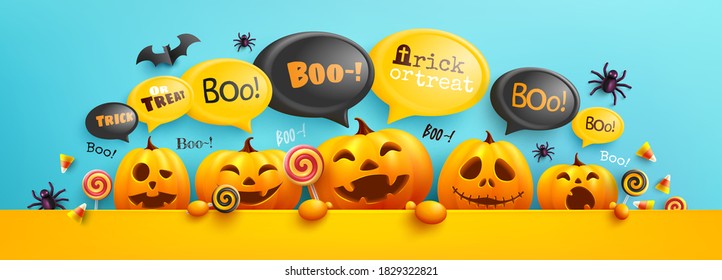 Happy Halloween poster and banner template with cute halloween pumpkin and bubble message on top. Website spooky,Background or banner Halloween template.Vector illustration eps 10