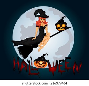 Happy Halloween Poster. Halloween banner .Vector illustration.The witch on a sweeper.