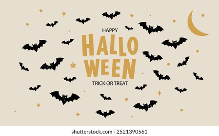 Cartaz feliz de Halloween com ícones morcego no fundo cremoso. Símbolo do Halloween. Um bando de morcegos isolados sobe na silhueta. Padrão perfeito para livreto, banner, site. Ilustração vetorial