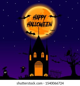Happy halloween poster with a big moon and dark castle. Ilustration - Vector