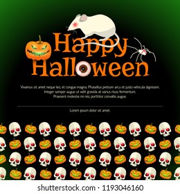 Happy halloween poster with big white rat pumpkin face eyeball cartoon holiday symbols  flat vector illustration