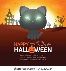 Happy halloween poster, black cat in the moonlight, halloween banner, halloween trick or Treating background, Template for advertising brochure Vector Illustration.