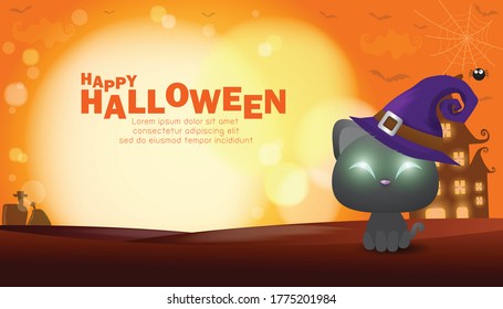 Happy halloween poster, black cat under the moonlight, halloween banner, halloween trick or Treating background, Template for advertising brochure, greeting card Vector Illustration.