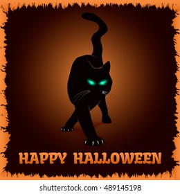 Happy Halloween poster with Black Cat. Vector illustration.