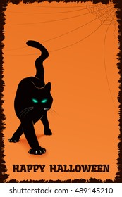 Happy Halloween poster with Black Cat. Vector illustration.