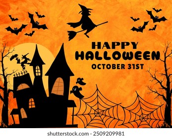 Happy Halloween poster with black typography in orange gradient background with haunted house, witch, bats, tree and spider webs. Vector illustration.