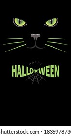 Happy Halloween poster, card, banner or party invitation background. Black cat face with glowing eyes. Vector illustration