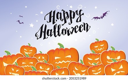 Happy Halloween poster, card, banner design template. Pumpkins, text congratulation, bats flying. Vector flat cartoon illustration for placard, party invitation, packaging, web.