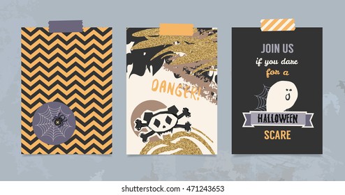 Happy halloween poster, card, decoration. Orange chevron pattern, spider, cartoon crossbones, ghost and trick ot treat party invitation. 