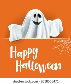 Happy Halloween. Poster or card with ghost and cobweb. Ghost on orange background with text Happy Halloween.