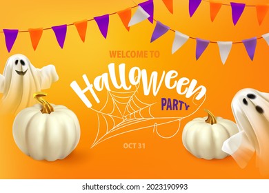 Happy Halloween. Poster or card with ghost and cobweb. Ghost on orange background with text Welcome to Halloween Party