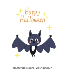 Happy Halloween poster or card. Hand drawn calligraphy and cute halloween elements. Vector illustration in flat style