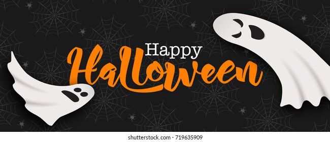 Happy Halloween poster card vector illustration. Funny cartoon ghosts flying in the air, spider hanging on web pattern, hand drawn lettering isolated on black background.