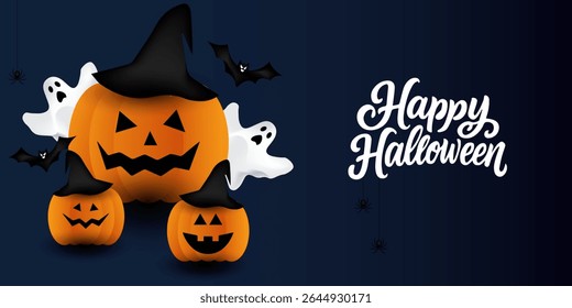 Happy Halloween poster, cards, flayer with yellow, dark blue, purple and orange design, pumpkins smile, tree, bat flying, ghost, spider, banner design on black background, set of Halloween for holday.