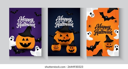 Happy Halloween poster, cards, flayer with yellow, dark blue, purple and orange design, pumpkins smile, tree, bat flying, ghost, spider, banner design on black background, set of Halloween for holday.