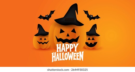 Happy Halloween poster, cards, flayer with yellow, dark blue, purple and orange design, pumpkins smile, tree, bat flying, ghost, spider, banner design on black background, set of Halloween for holday.
