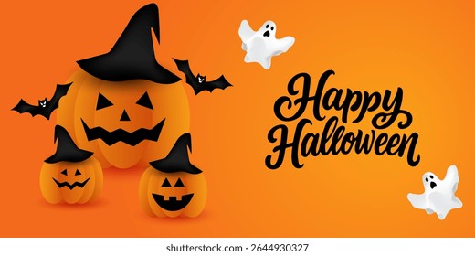 Happy Halloween poster, cards, flayer with yellow, dark blue, purple and orange design, pumpkins smile, tree, bat flying, ghost, spider, banner design on black background, set of Halloween for holday.