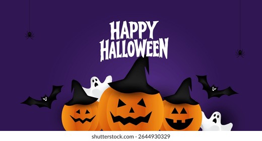 Happy Halloween poster, cards, flayer with yellow, dark blue, purple and orange design, pumpkins smile, tree, bat flying, ghost, spider, banner design on black background, set of Halloween for holday.