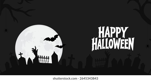 Happy Halloween poster, cards, flayer with yellow, dark blue, purple and orange design, pumpkins smile, tree, bat flying, ghost, spider, banner design on black background, set of Halloween for holday.