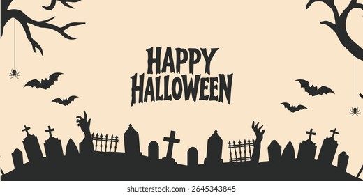 Happy Halloween poster, cards, flayer with yellow, dark blue, purple and orange design, pumpkins smile, tree, bat flying, ghost, spider, banner design on black background, set of Halloween for holday.