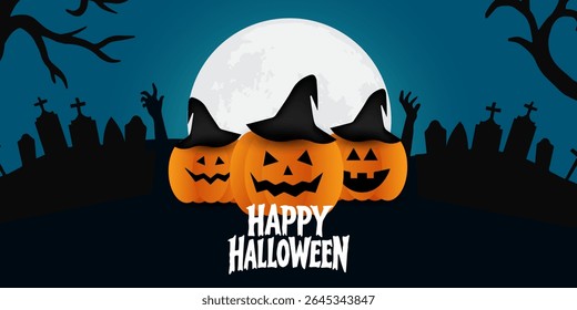 Happy Halloween poster, cards, flayer with yellow, dark blue, purple and orange design, pumpkins smile, tree, bat flying, ghost, spider, banner design on black background, set of Halloween for holday.