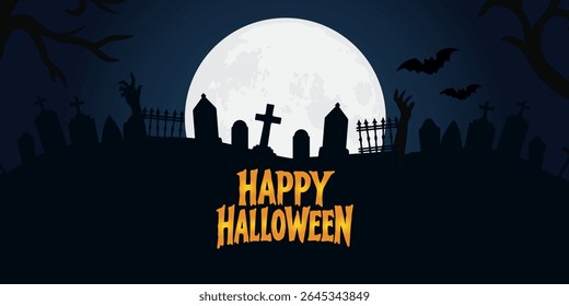 Happy Halloween poster, cards, flayer with yellow, dark blue, purple and orange design, pumpkins smile, tree, bat flying, ghost, spider, banner design on black background, set of Halloween for holday.