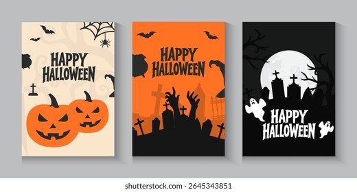 Happy Halloween poster, cards, flayer with yellow, dark blue, purple and orange design, pumpkins smile, tree, bat flying, ghost, spider, banner design on black background, set of Halloween for holday.