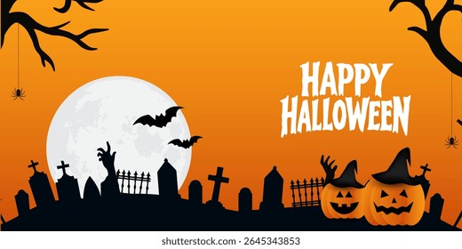 Happy Halloween poster, cards, flayer with yellow, dark blue, purple and orange design, pumpkins smile, tree, bat flying, ghost, spider, banner design on black background, set of Halloween for holday.