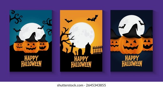 Happy Halloween poster, cards, flayer with yellow, dark blue, purple and orange design, pumpkins smile, tree, bat flying, ghost, spider, banner design on black background, set of Halloween for holday.