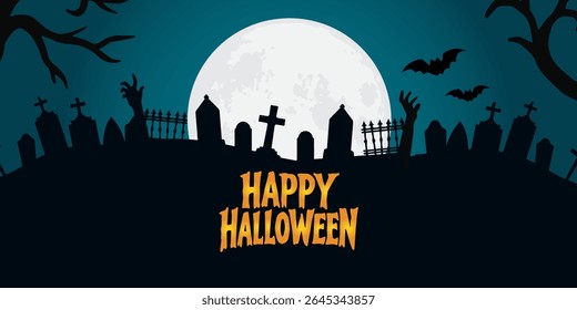 Happy Halloween poster, cards, flayer with yellow, dark blue, purple and orange design, pumpkins smile, tree, bat flying, ghost, spider, banner design on black background, set of Halloween for holday.