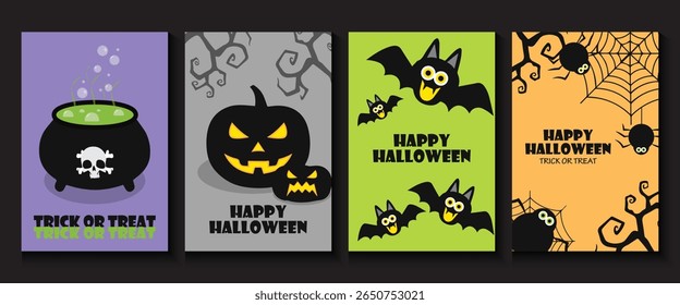 Happy Halloween poster, cards, flayer with yellow, dark blue, purple and orange design, pumpkins smile, tree, bat flying, ghost, spider, banner design on black background, set of Halloween for holday.