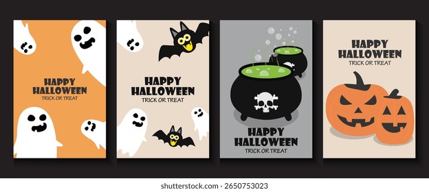 Happy Halloween poster, cards, flayer with yellow, dark blue, purple and orange design, pumpkins smile, tree, bat flying, ghost, spider, banner design on black background, set of Halloween for holday.