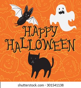 Happy Halloween poster with cartoon bat, cat and ghost. Vector illustration.