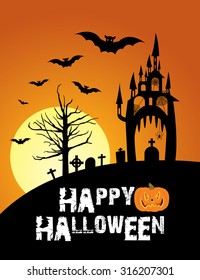  Happy Halloween Poster with castle pumpkins Bats Spider