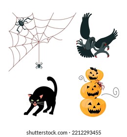 Happy Halloween poster. Clip art with orange pumpkins, black cat, spider web and raven attacks isolated on white background. Flat Art Vector Illustration