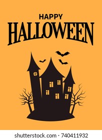 Happy Halloween poster with closeup of creepy house with windows and towers , building standing on hill and birds flying above it vector illustration