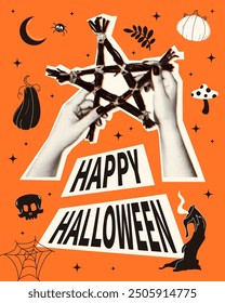 Happy Halloween poster. Collage with Realistic hands holding witch amulet. Pentagram of branches. Halloween party, sale and social media post. holidays vertical templates. Vector flat illustration.