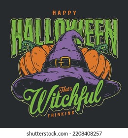 Happy Halloween poster colorful vintage witch hat and pumpkins for Jack o lanterns for All Hallows Day celebration vector illustration